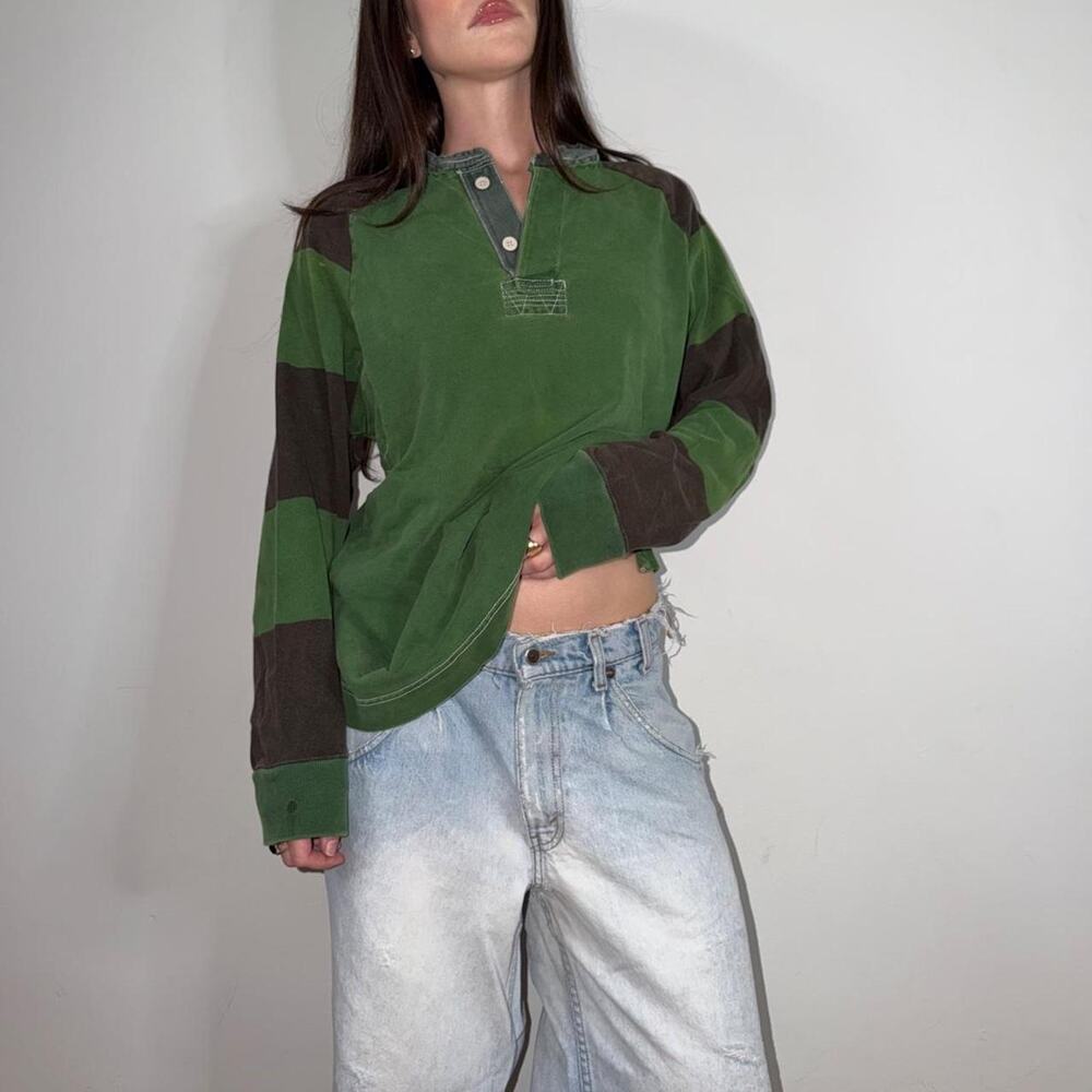 Vintage 90s GAP Rugby Henley Shirt Mens M Green Black Stripe Cotton